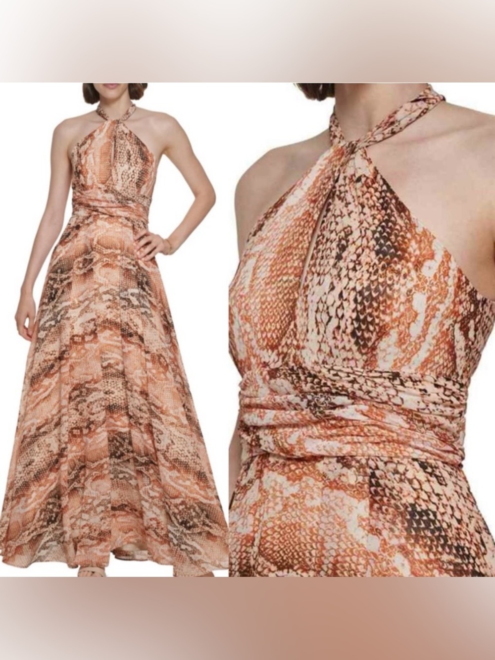 CALVIN KLEIN Womens  Ruched Keyhole snake Print Sleeveless Halter Gown size 14